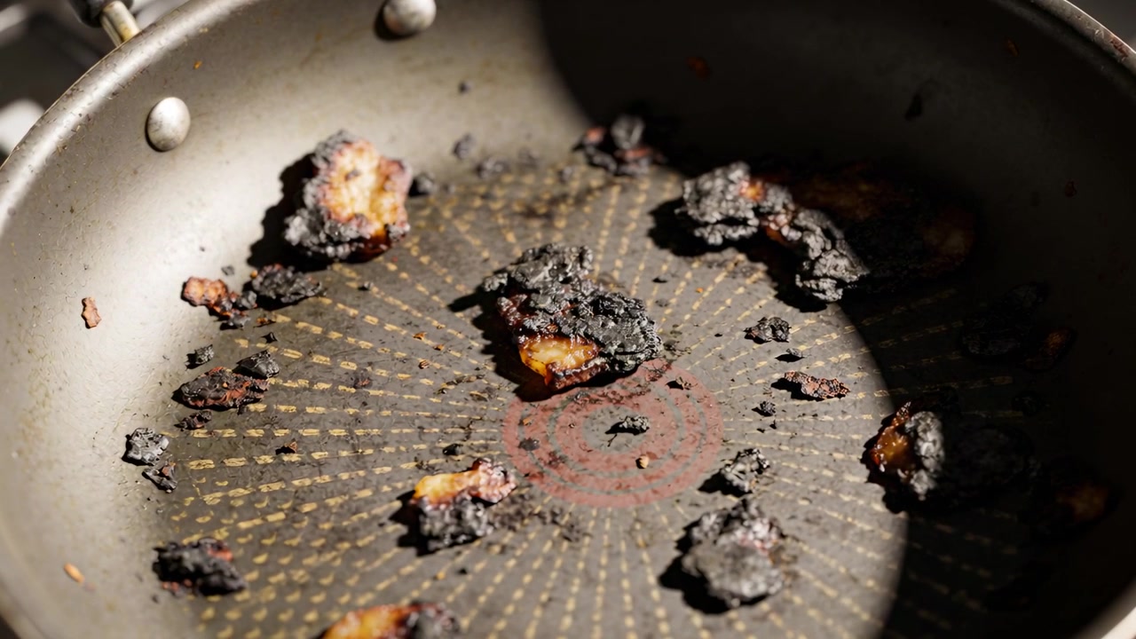 Showing nonstick pan featuring red dot, charred crumbs on stove, camera zooming and light moving