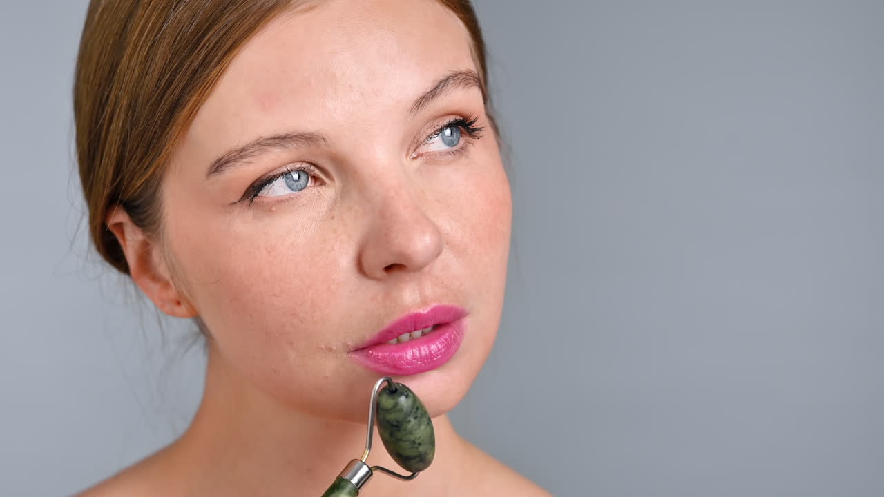 A young caucasian woman is doing a facial massage using a roller