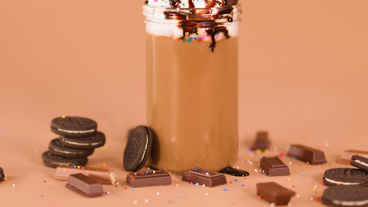 Milkshake cokelat dengan krim kocok, ceri, dan sirup cokelat, sedotan terpasang, difoto dengan pencahayaan studio