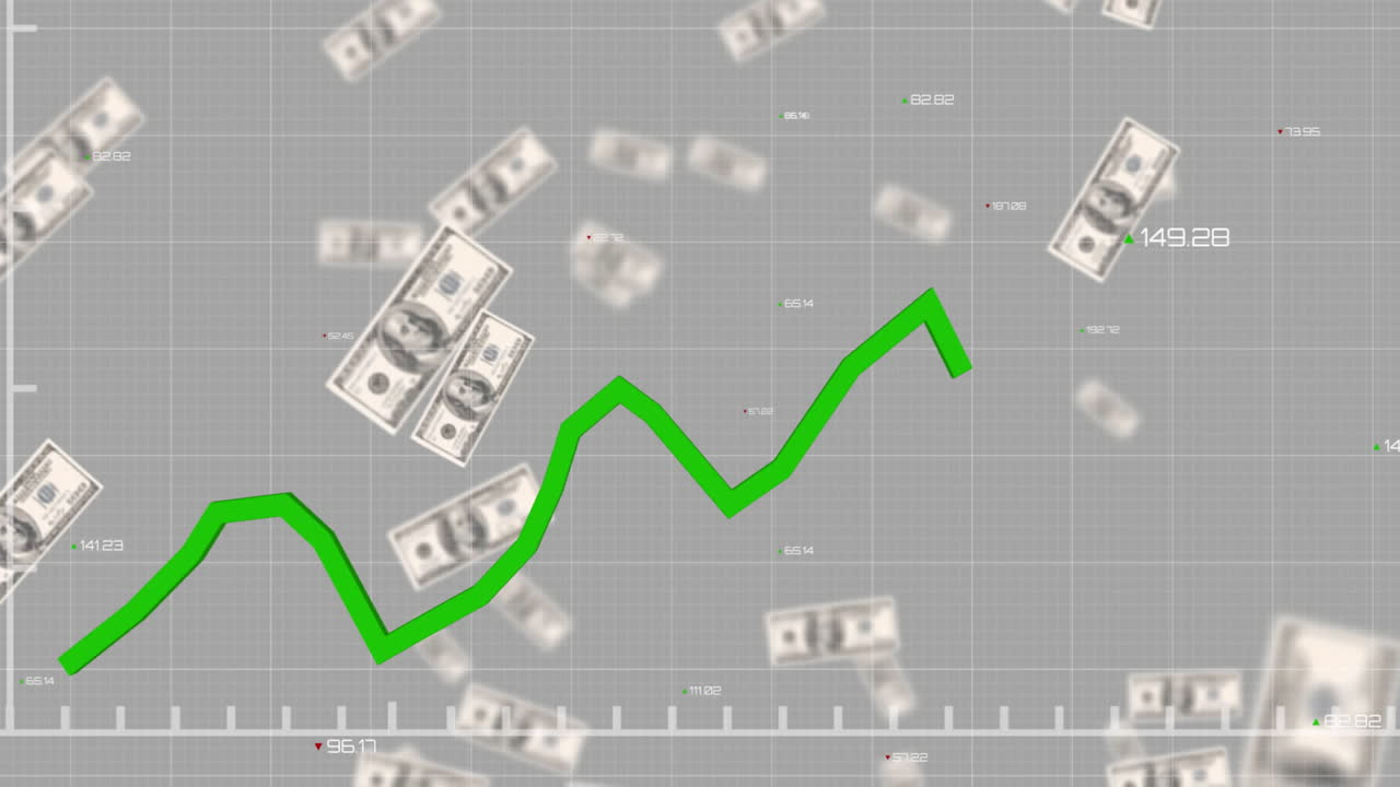 animación del procesamiento de datos financieros con línea verde sobre billetes de dólares estadounidenses