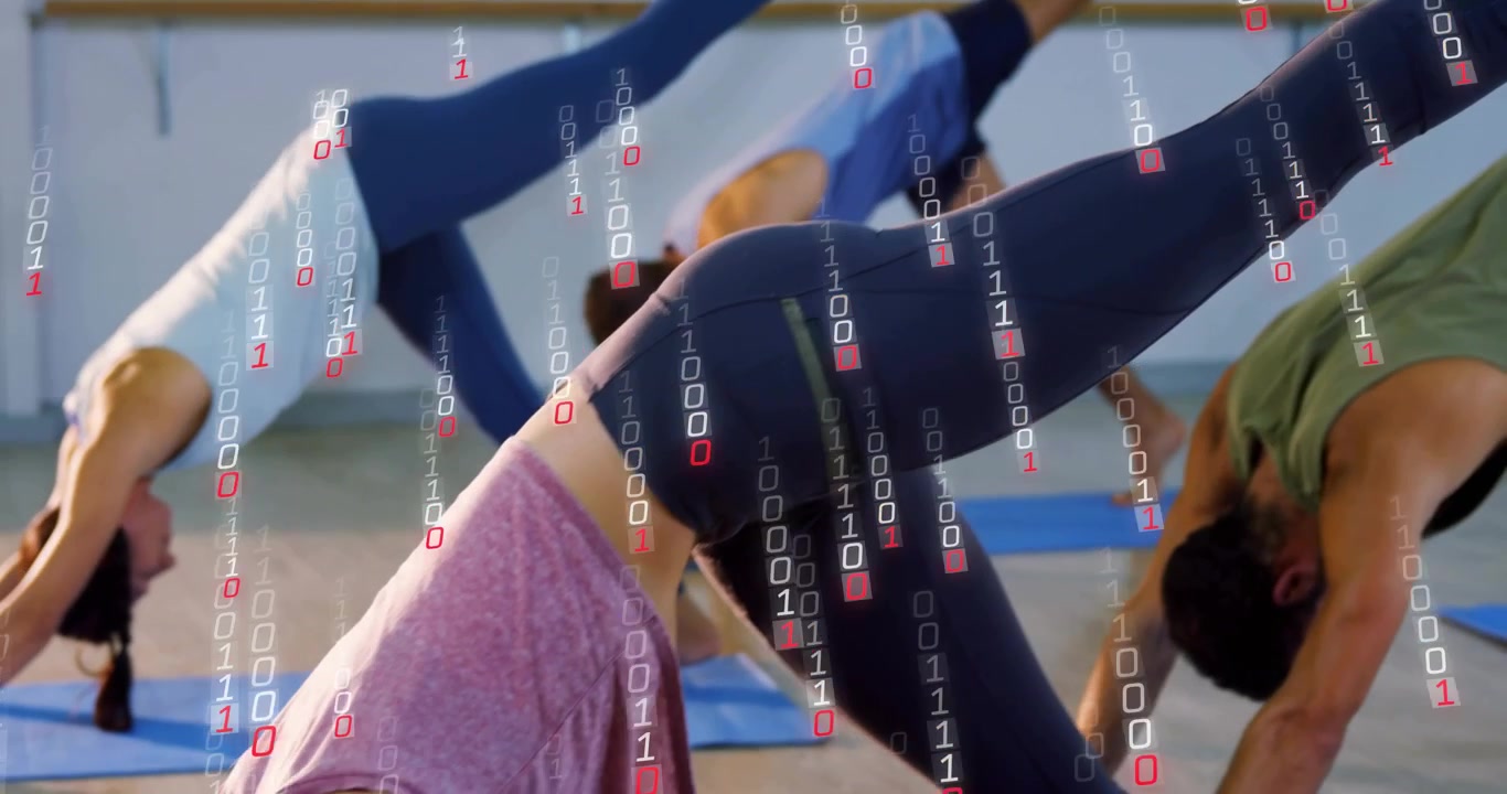 Yoga group lifting right leg into 3-legged dog, generating fitness binary overlay showing form