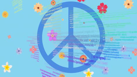 animation of flowers and data processing over blue background with peace symbol