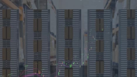 animation of statistics processing over cardboard boxes on conveyor belts in background