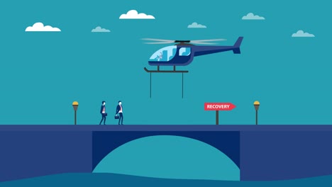 two businessmen helped by a helicopter on a bridge