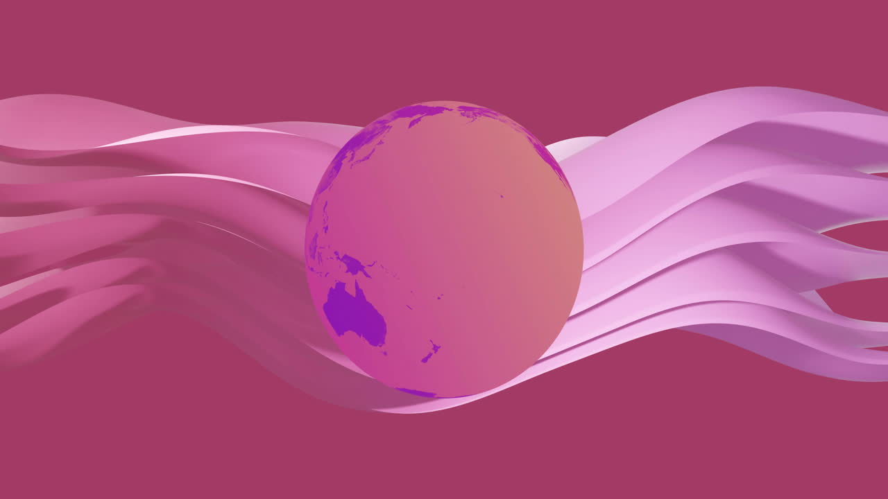 Animation of globe over pink layers waving over dark pink background
