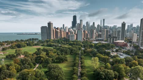 chicago lincoln park with foggy cityscape aerial