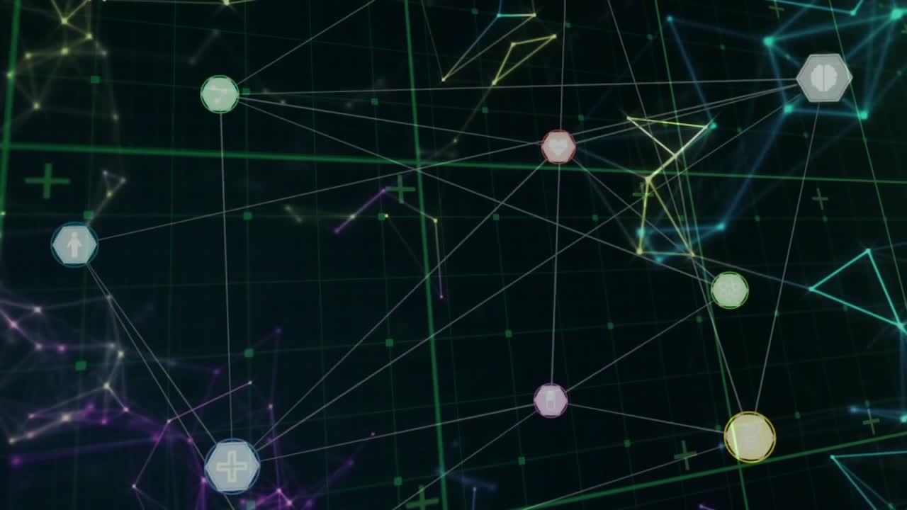 animación de la red de conexiones con iconos sobre fondo negro