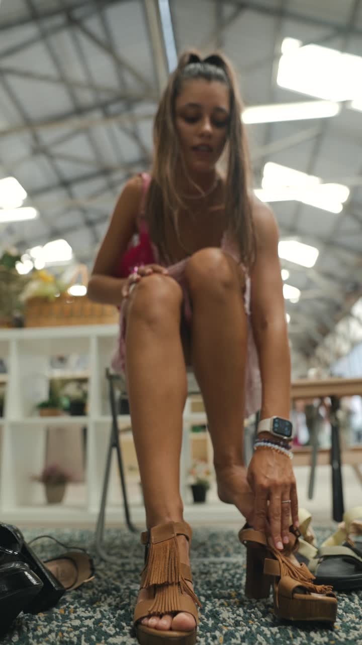 A woman tying her sandals