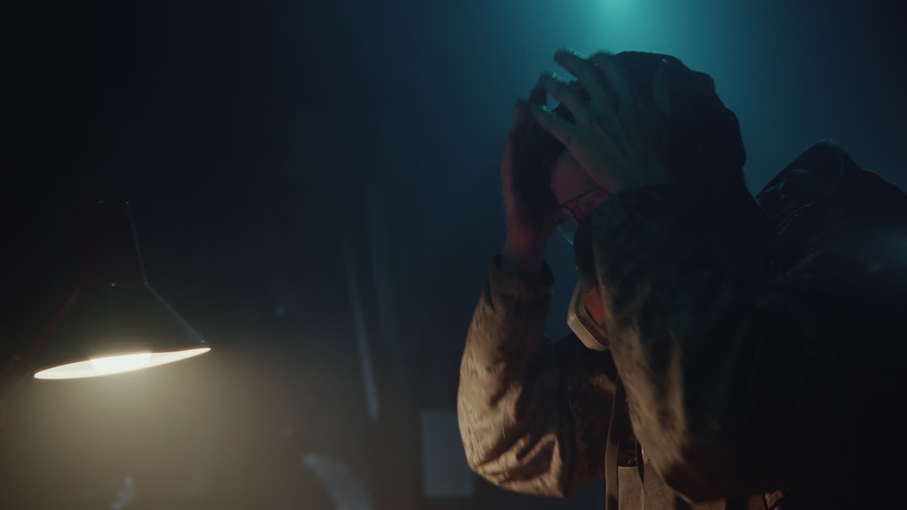 A bombmaker assembles a bomb in his workshop at night