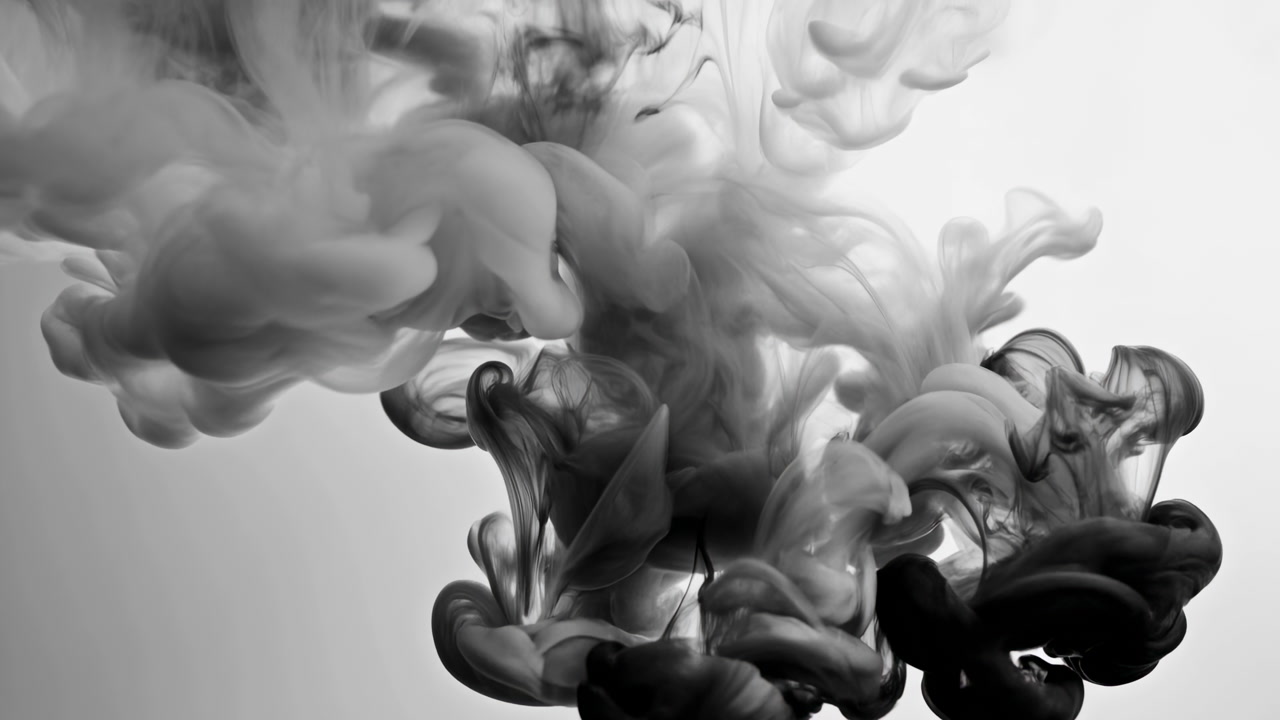 Black Ink Spreading and Swirling in Water, Abstract Monochrome Background