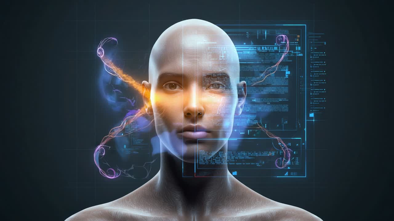 Initializing interface emitting orange beam and tendrils from AI head, panels flickering in chamber