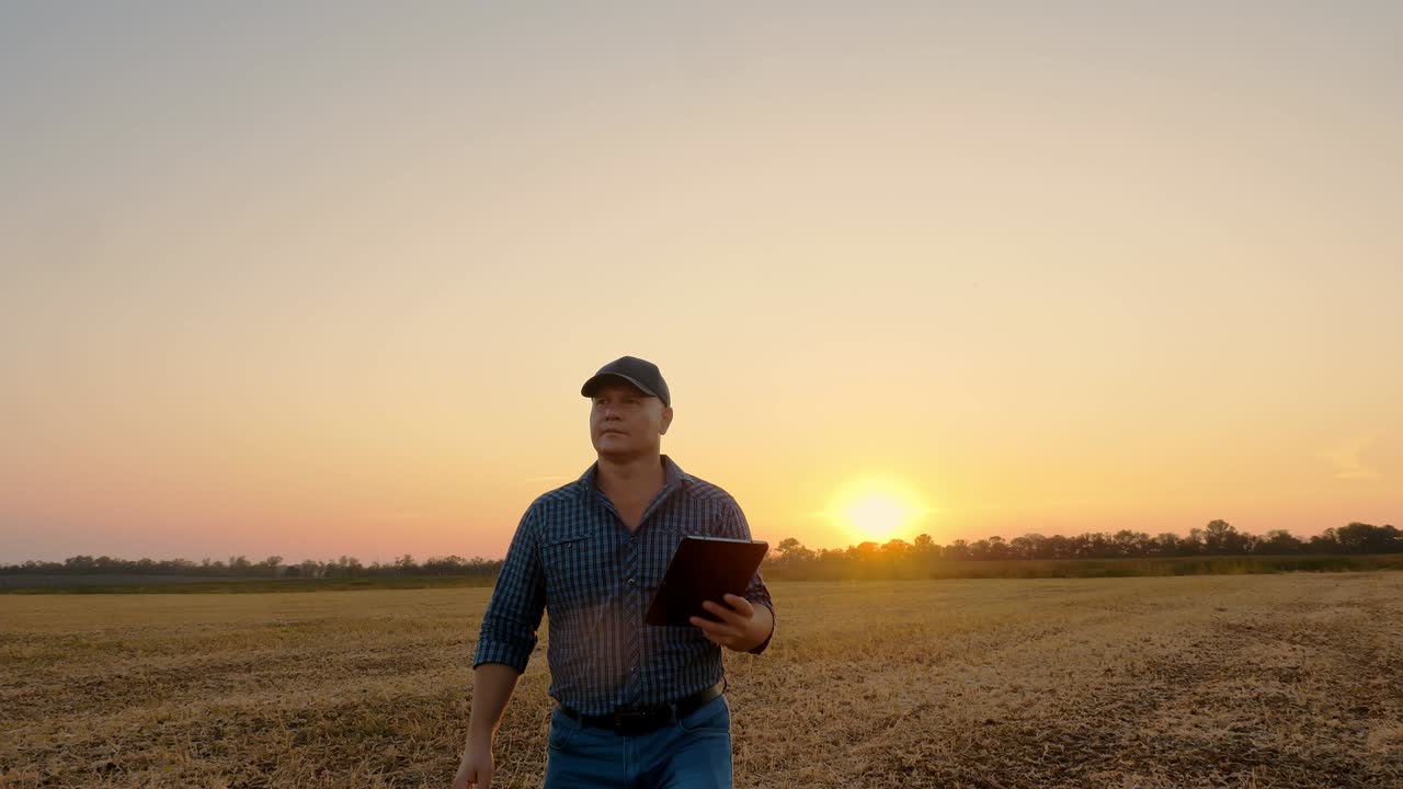 fazendeiro caminha ao pôr-do-sol. agricultura. silhueta do fazendeiro. fazendeiro com tablet digital nas mãos, caminhando por um campo cortado, ao pôr do sol ou ao nascer do sol. conceito de negócio de agricultura agrícola
