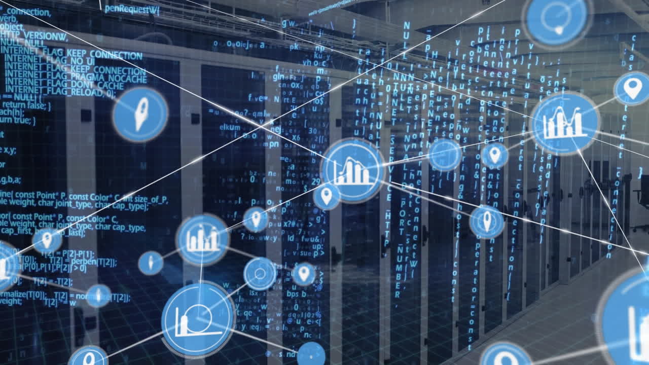 Animation of network of digital icons and data processing against computer server room