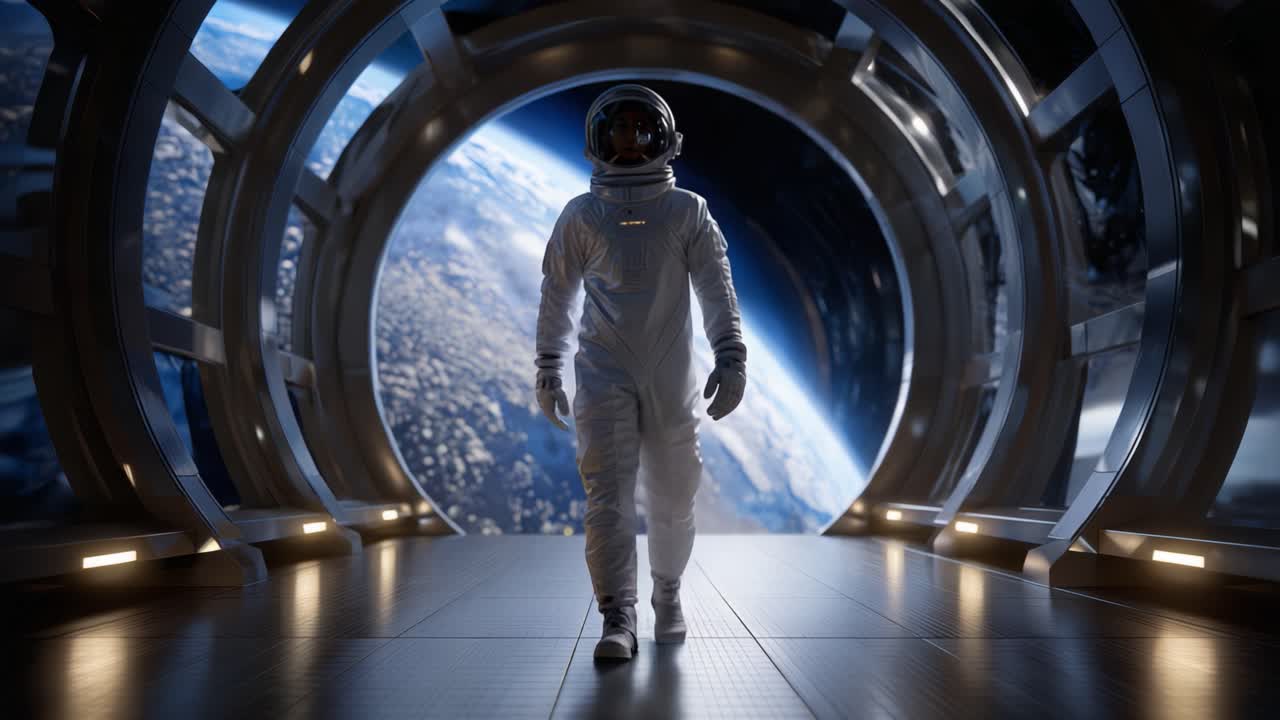 An Astronaut Stands in a Sci-Fi Space Corridor with Earth Visible Through the Window, Capturing the Amazing Beauty of Our Planet from Outer Space