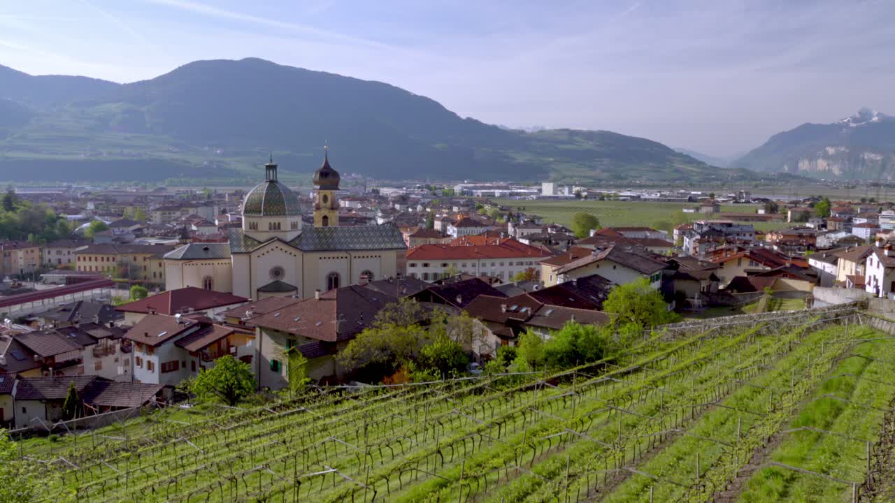 View of Mezzocorona, Trentino, Italy and surroundings on a beautiful day in spring