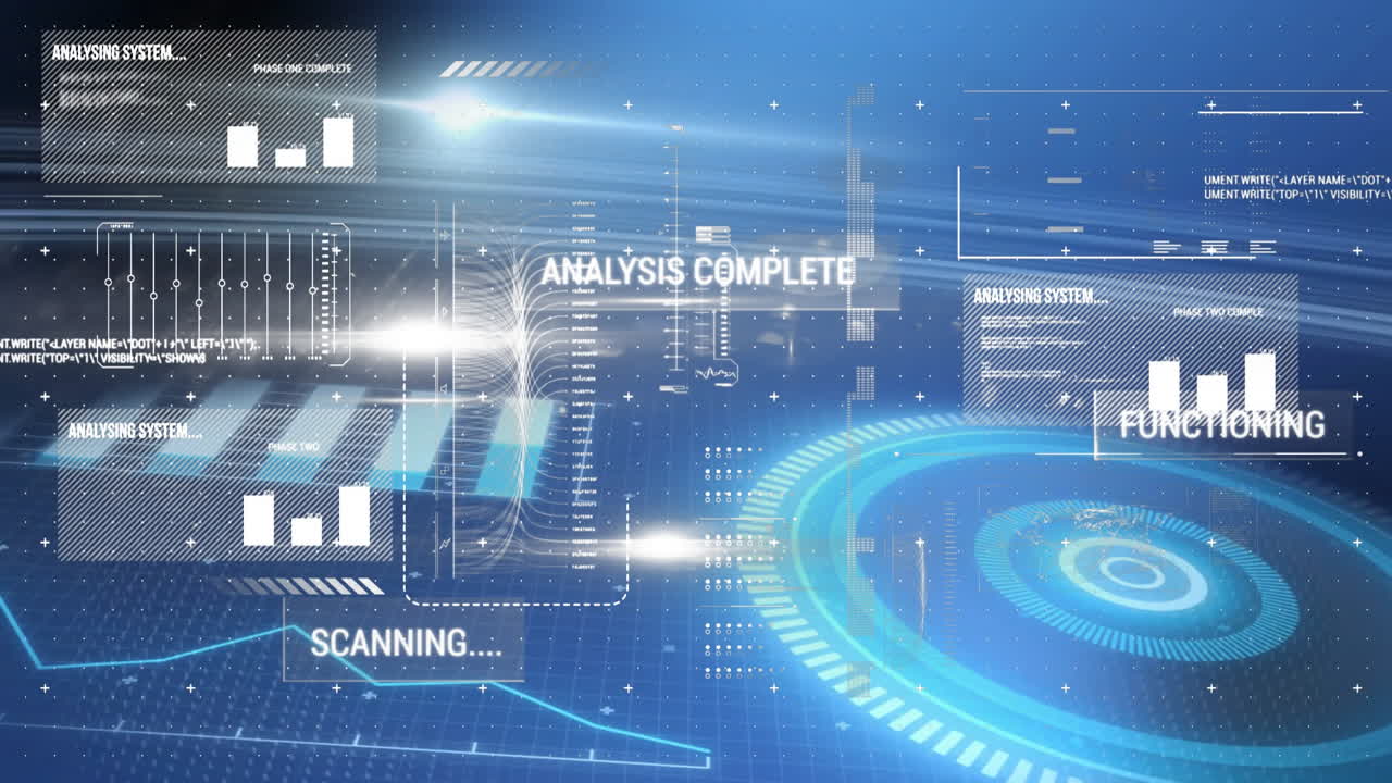 Data analysis and scanning animation with futuristic interface elements and graphs