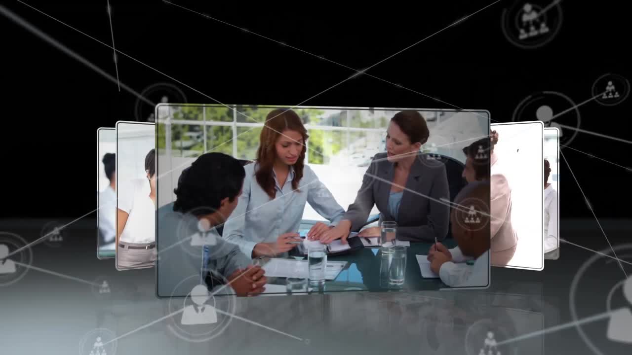 블랙 스페이스 위의 화면에서 다양한 사업가들에 대한 아이콘으로 연결의 애니메이션