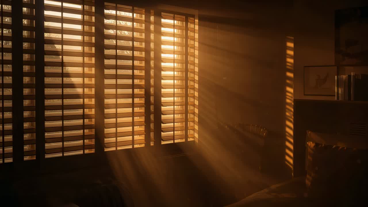 Filtering sunlight through plantation shutters as sun shifts at golden hour, casting banded light