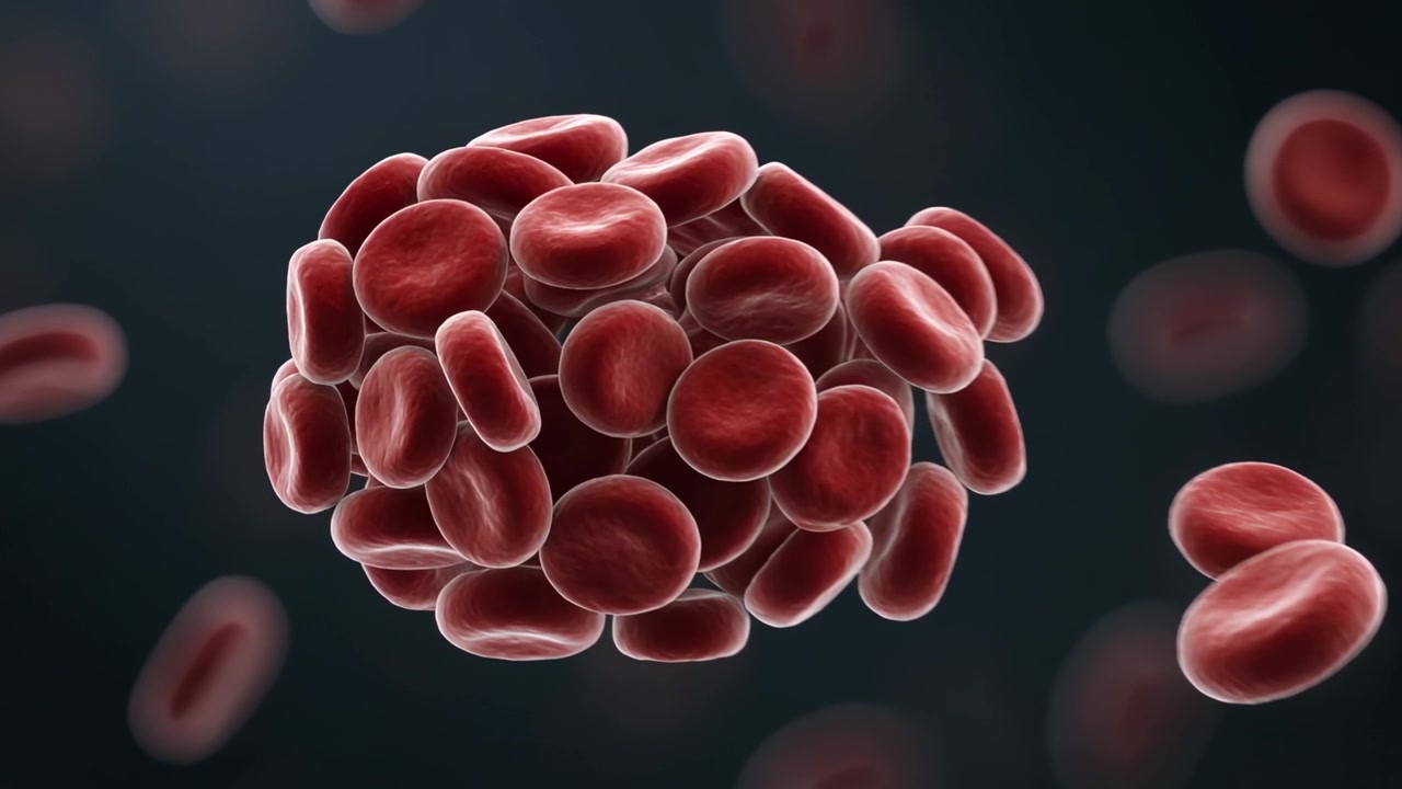 Frames advancing revealing drifting red blood cell cluster rotating, compacting in plasma
