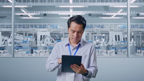 asian male professional worker standing with his tablet at factory digitalization, work continuously with his tablet