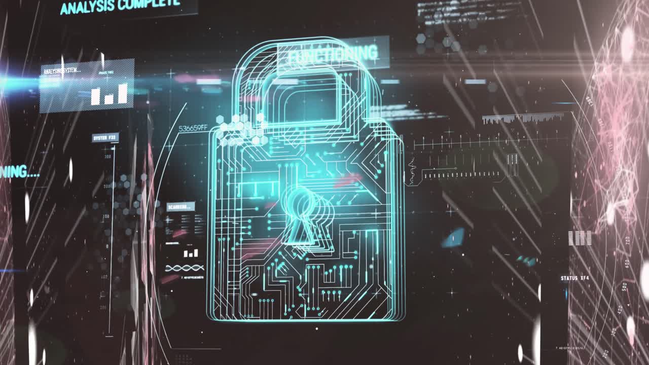 Security padlock icon against data processing