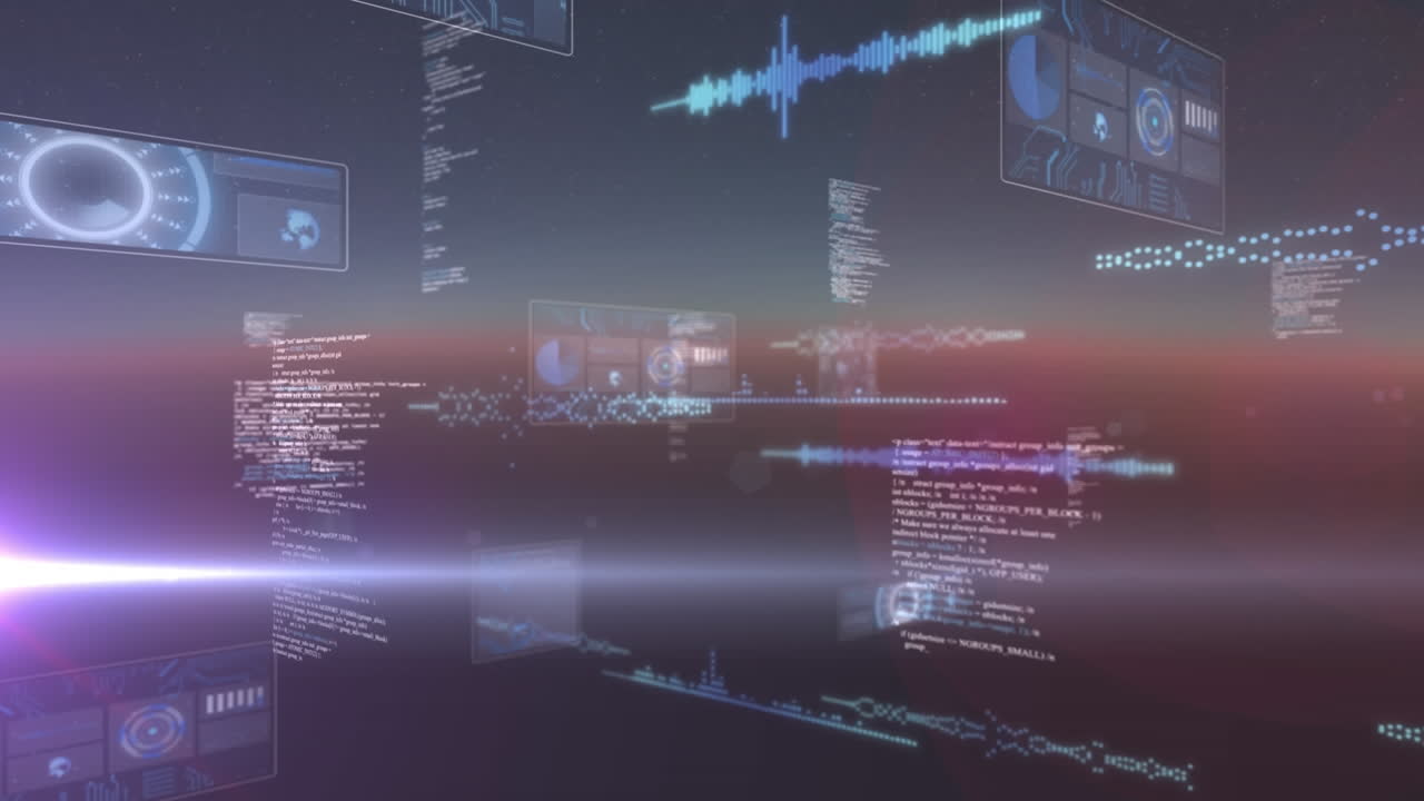 animación del procesamiento de datos y escaneo de ámbitos en pantallas