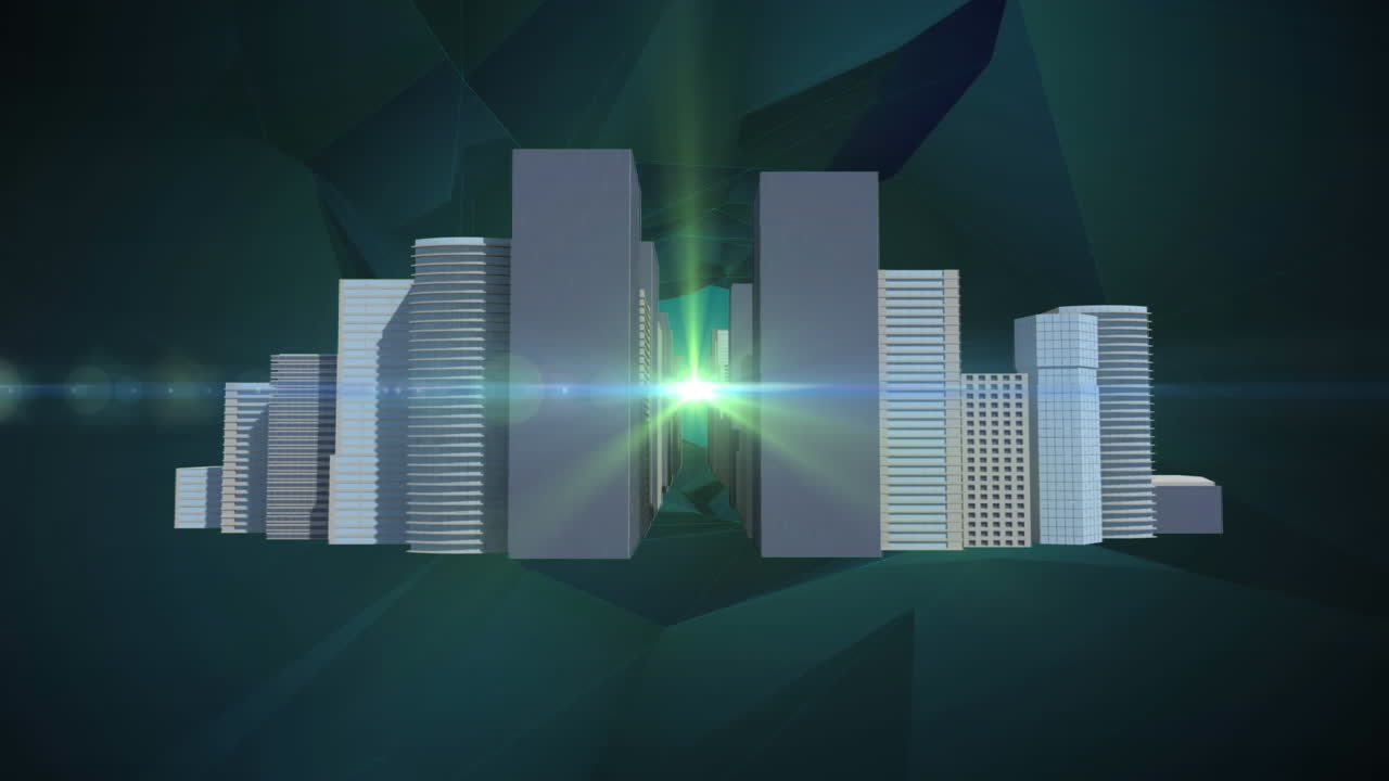 Animazione di elaborazione dati su paesaggio urbano 3D