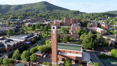 aerial-flyover-tower-on-campus-of-appalachian-state-university-in-boone-nc,-north-carolina