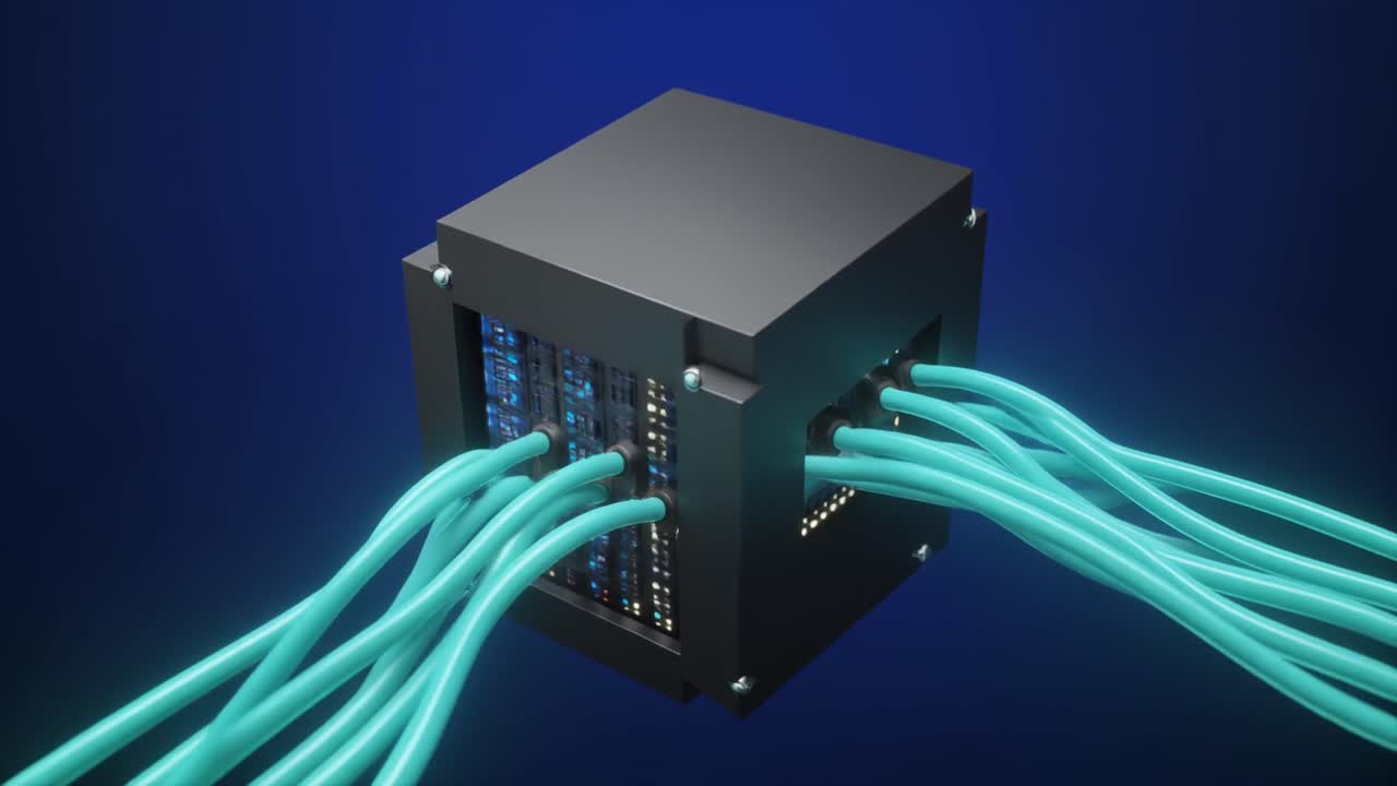 Futuristic Data Cube with Glowing Network Cables