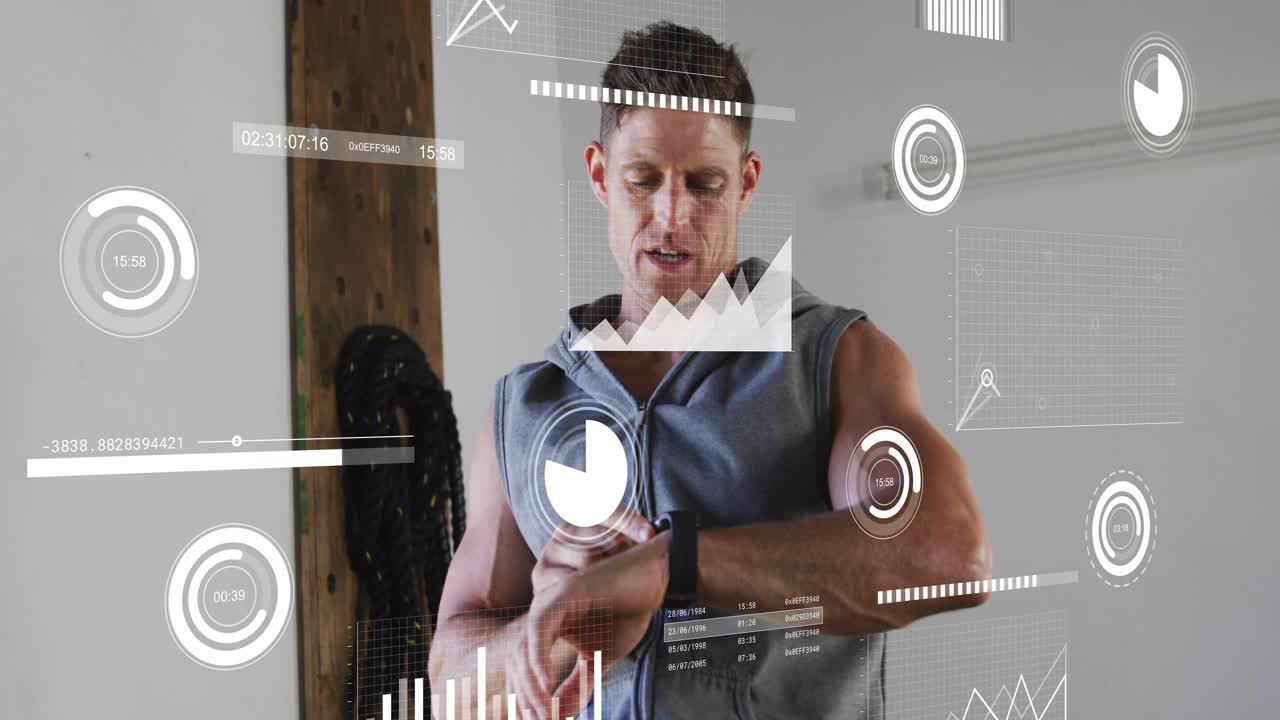 Man steadying on rail after heavy breath, tapping wrist tracker and reviewing HUD overlaying scene