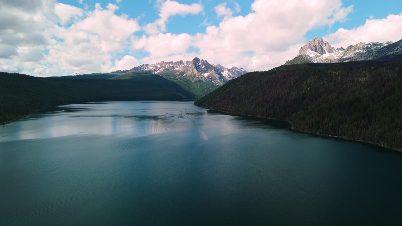 High above redfish lake flying toward the sawtooths