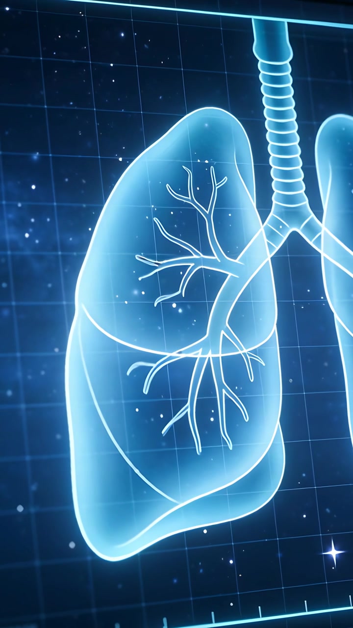 Video verticale: Avvio della riproduzione, panoramica di un polmone sinistro ciano su una griglia scura, che mostra la trachea.