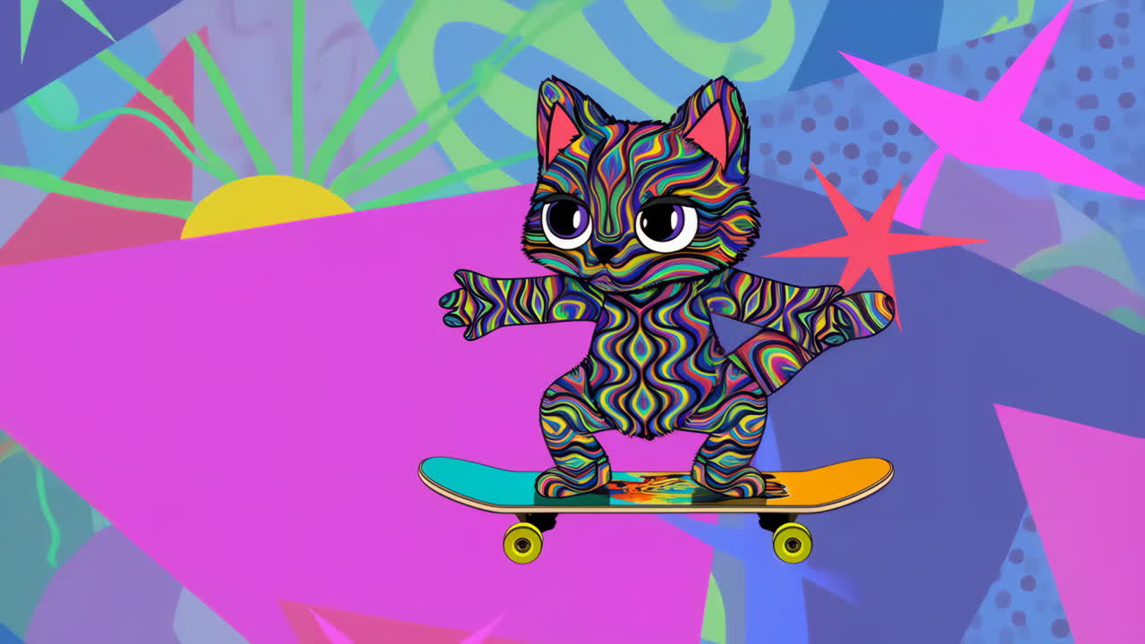 Psychedelic Cat Skateboarding on a Vibrant Abstract Background