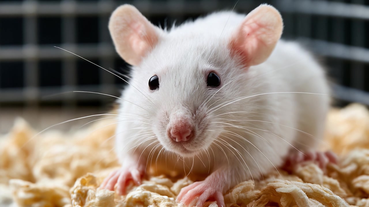 Topo bianco curioso che esplora la sua lettiera: Inquadrature accattivanti mostrano la natura giocosa di un piccolo animale da laboratorio nel suo ambiente accogliente.