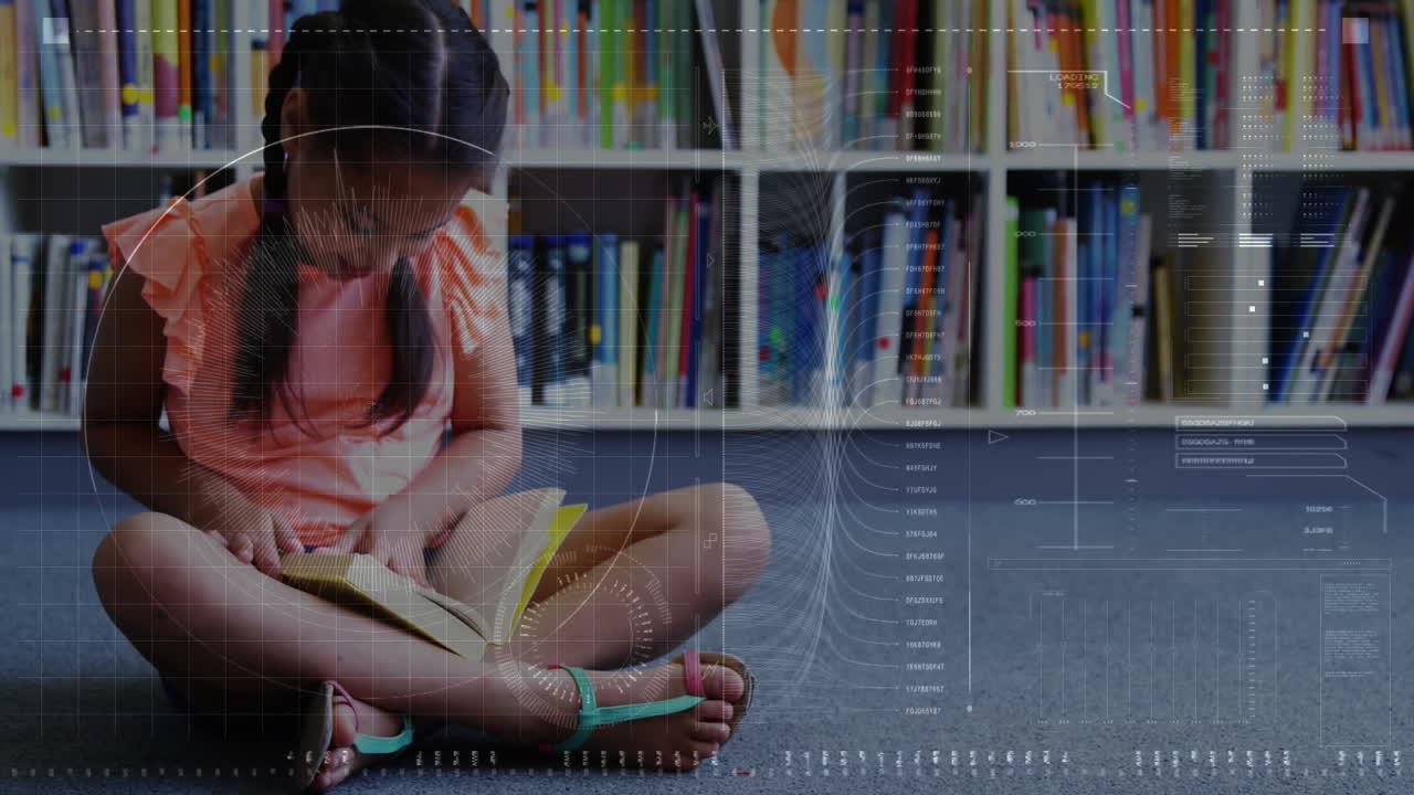 girl reading book on carpeted floor in learning space, showing digital HUD overlays