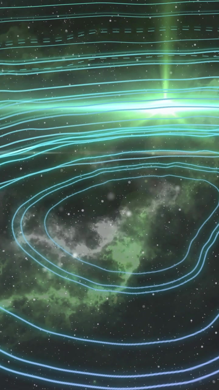 Vertical video: Cyan bands sliding, loops warping, green flare flaring, boosting nebula contrast