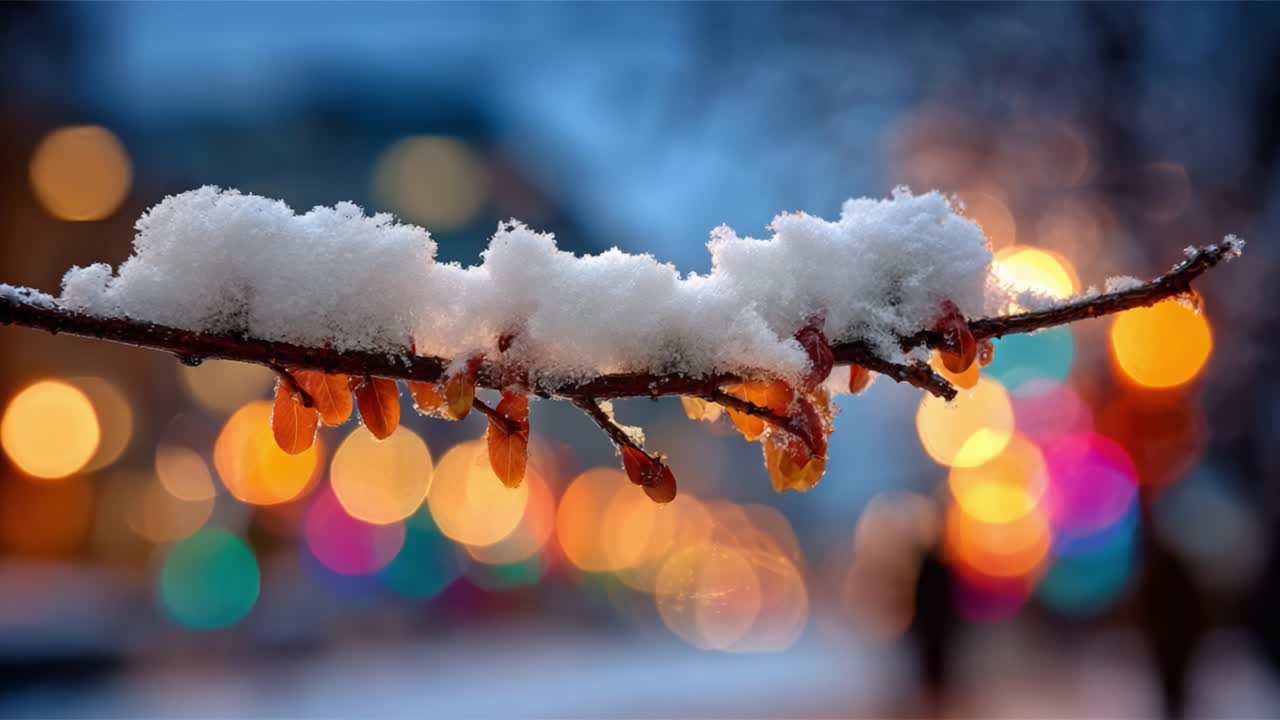 A Beautiful Winter Scene Featuring a Snow-Covered Branch with Colorful Bokeh Lights in the Background Capturing the Essence of the Season