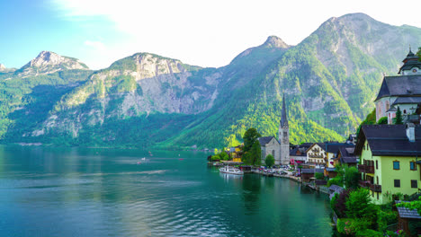 Timelapse-Hallstatt-Village-En-El-Lago-Hallstatter-En-Los-Alpes-Austriacos