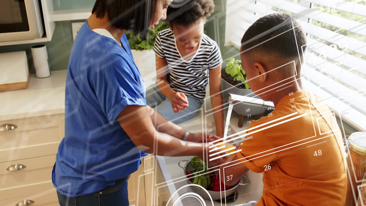 Faucet turning, woman guiding kids washing bell peppers for cooking, HUD overlays tracking progress