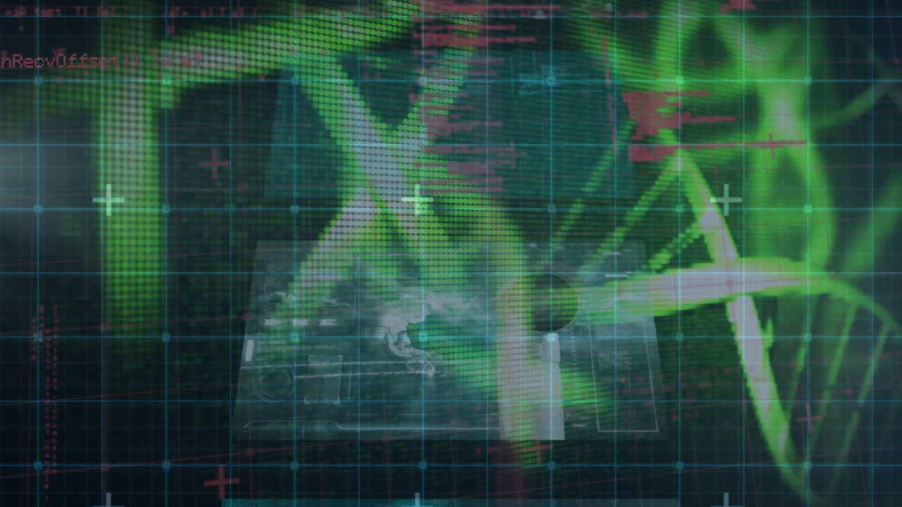 animación del procesamiento de datos sobre cadenas de adn girando