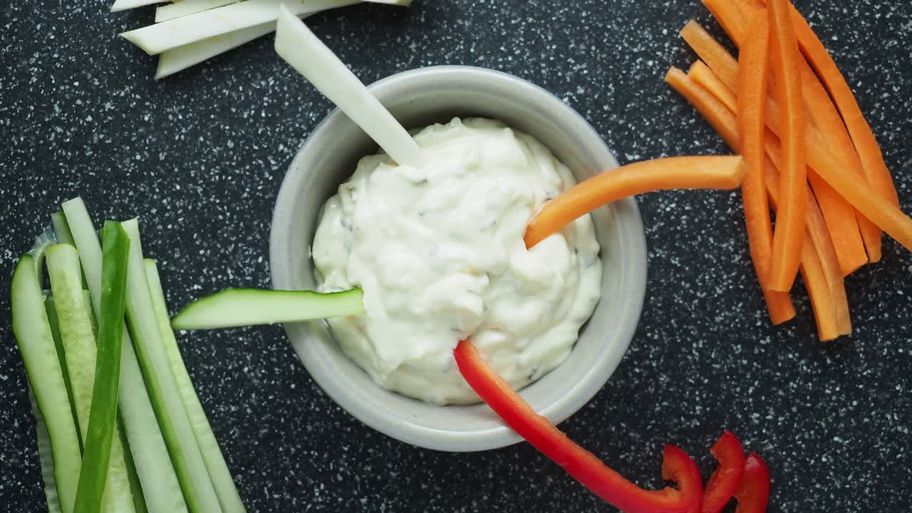 Vegetable sticks and dips in the bowl. Healthy vegetables and dip snack.