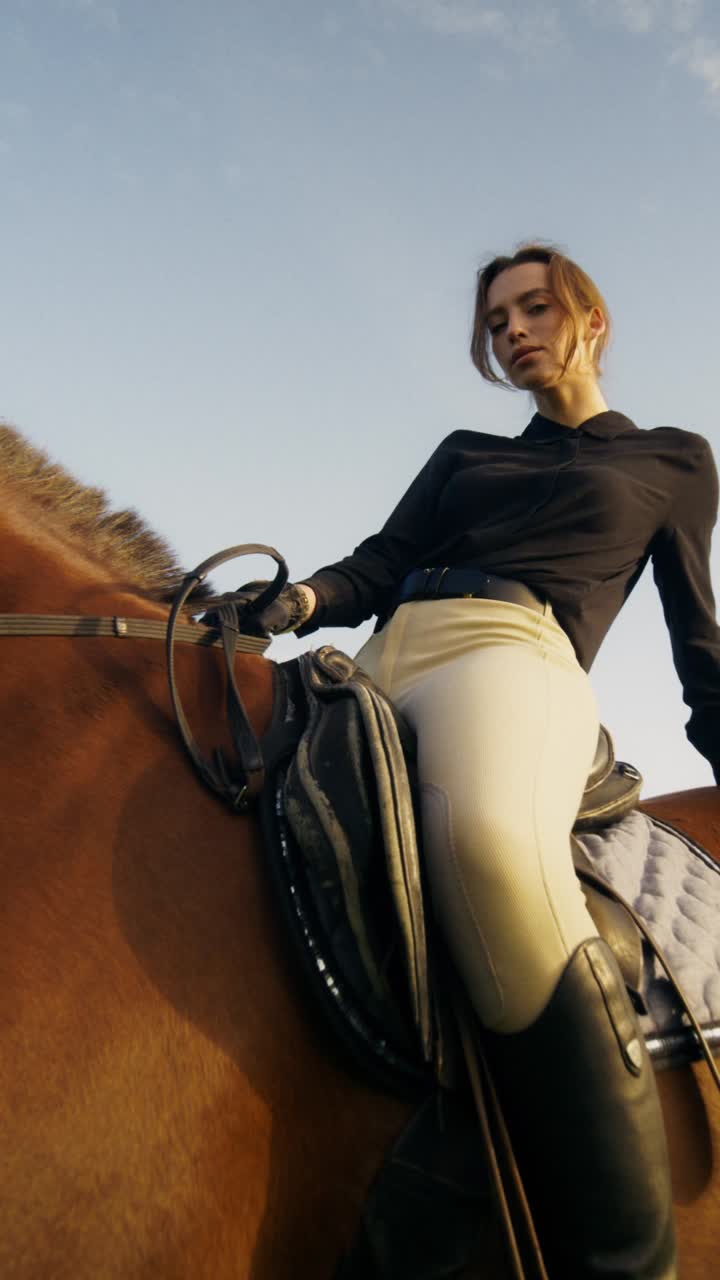 Donna a cavallo in un campo