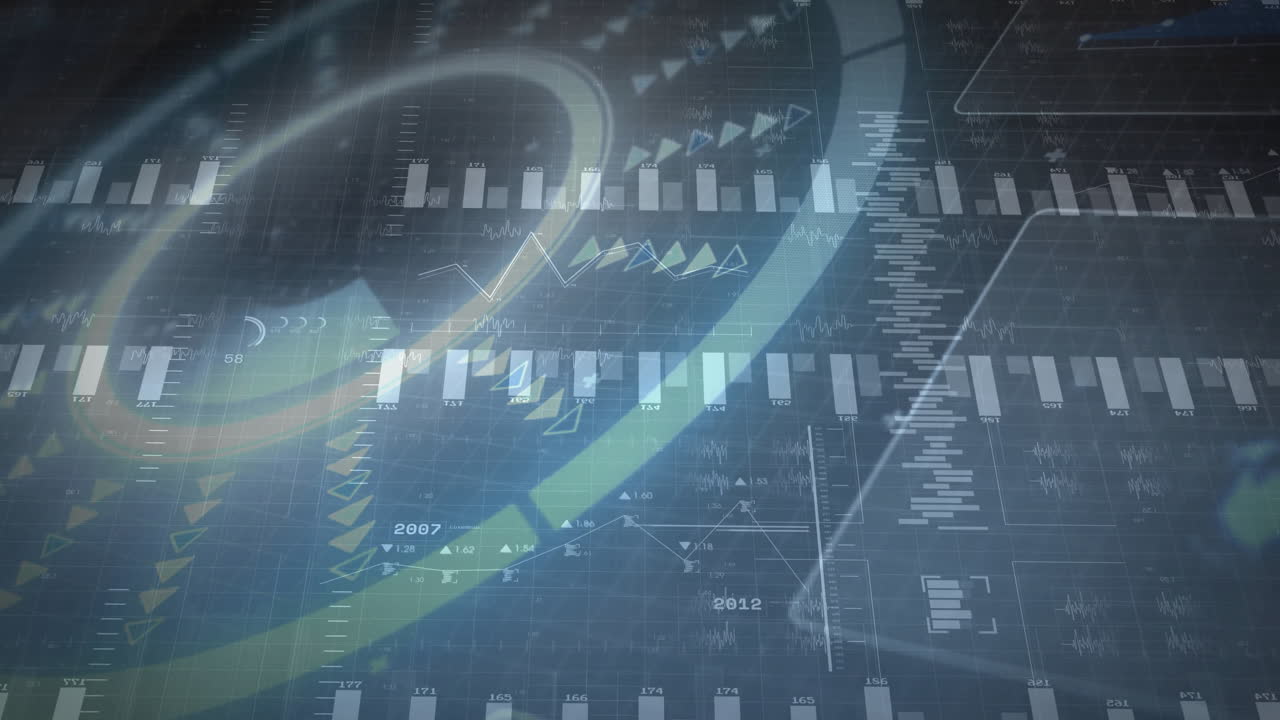 data dashboard displaying bar charts and line graphs in holographic interface with curved streaks