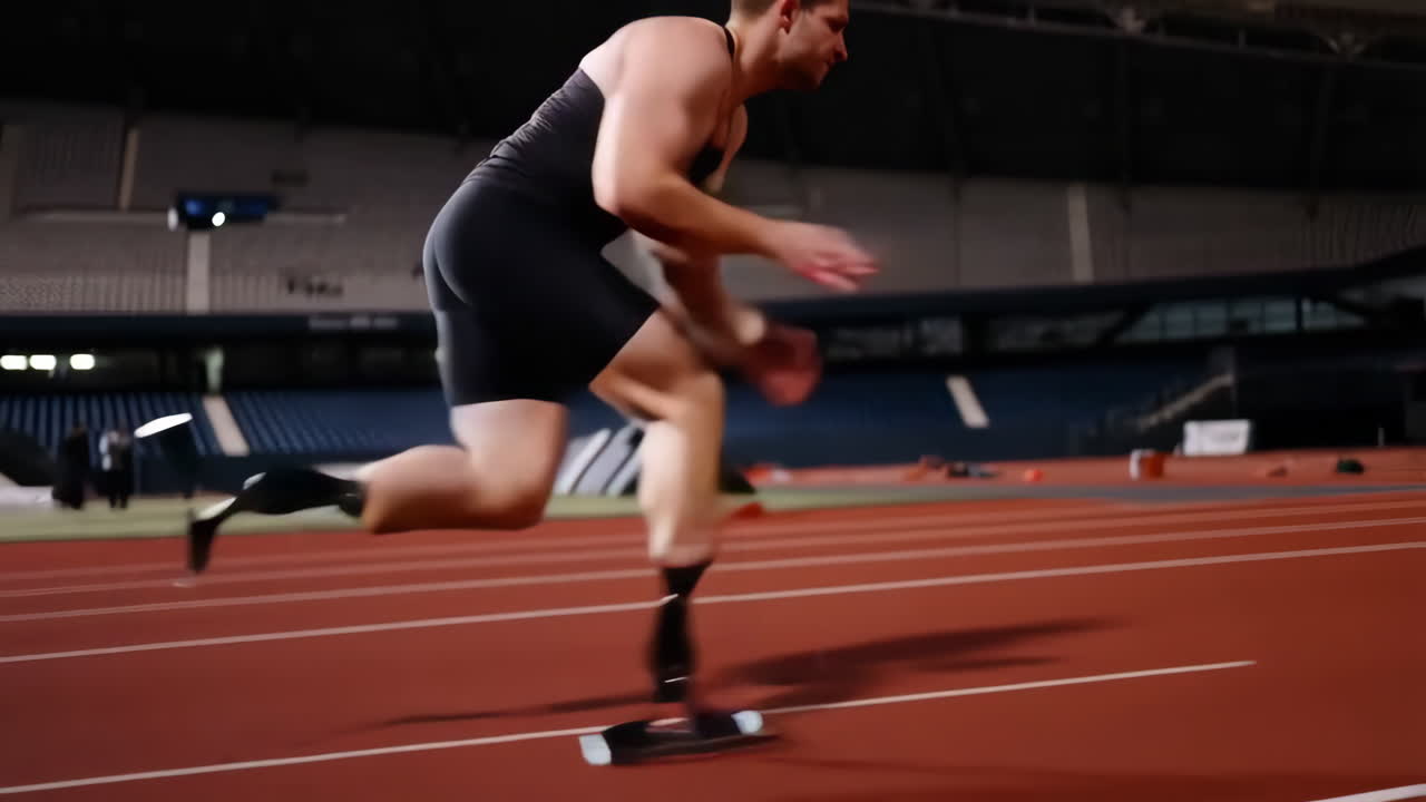 Athlete with prosthetic leg running on track
