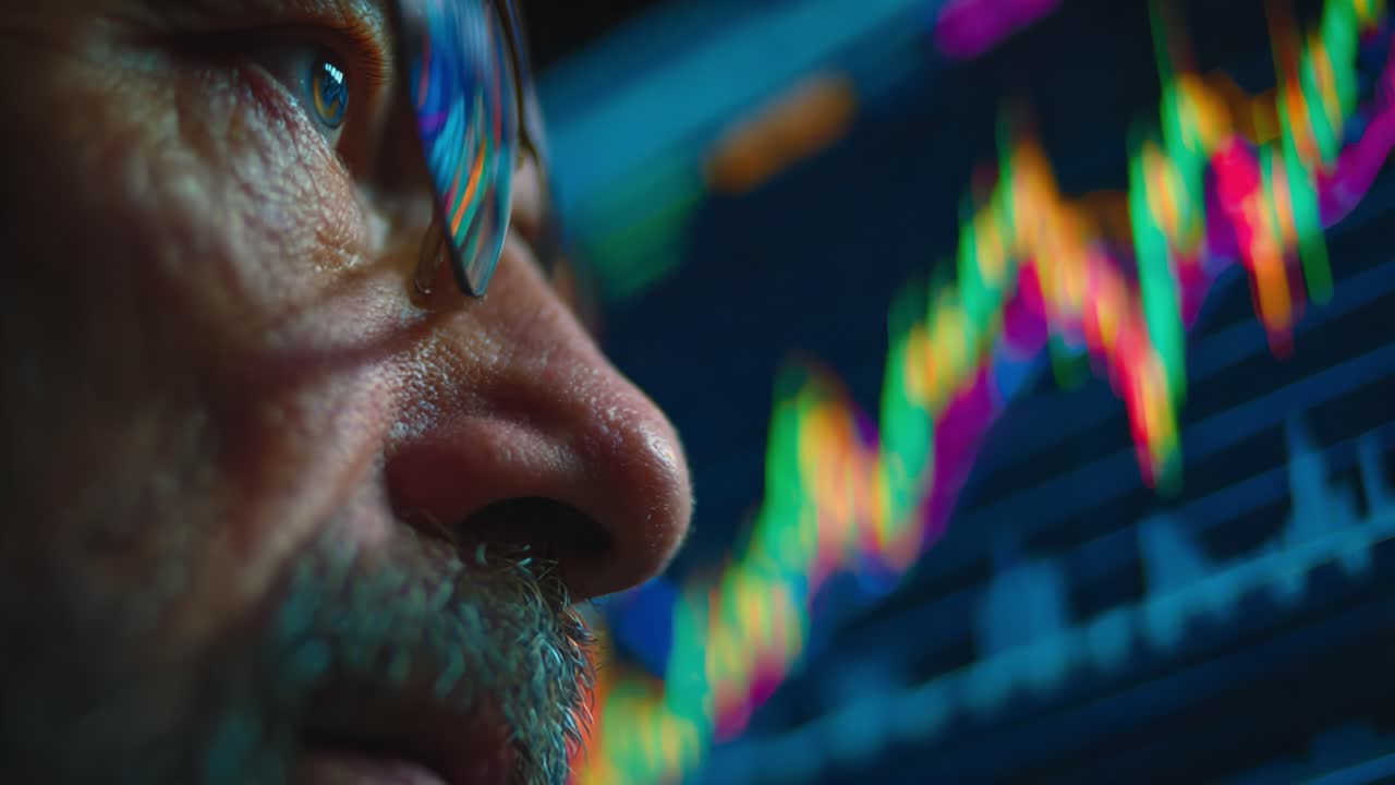 Intense Focus: A Close-Up of a Financial Analyst Observing Colorful Trading Charts Representing Market Trends and Data Insights