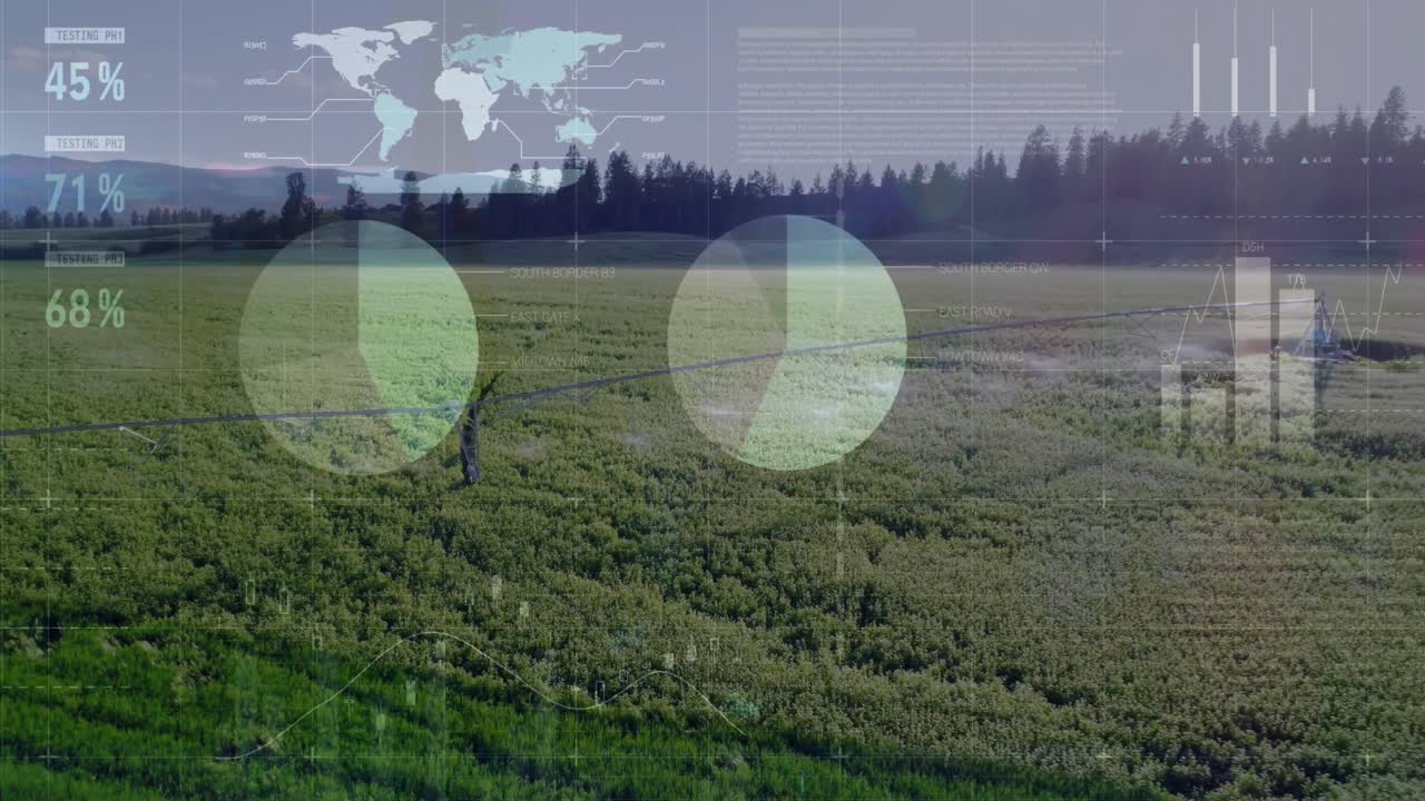 animación del procesamiento de datos financieros sobre el paisaje rural
