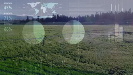 animation of financial data processing over countryside landscape