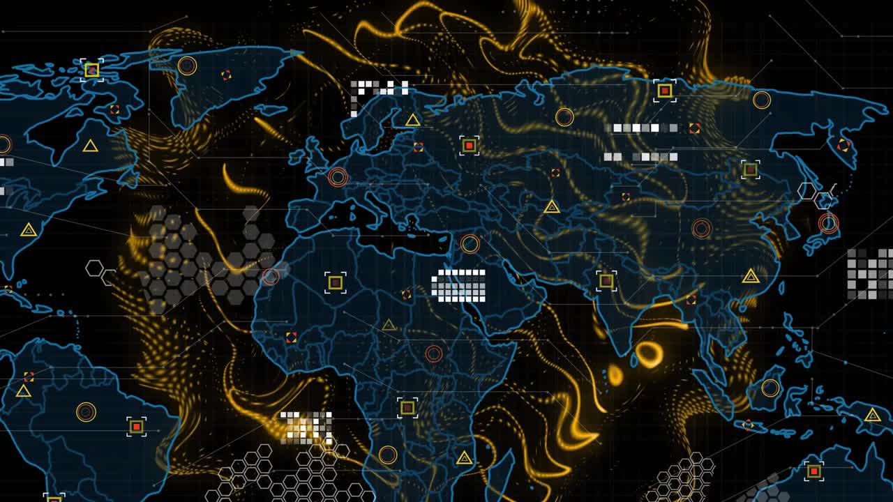 Flattened neon-blue world map animating on golden ribbons pulsing hexes forming nodes linking data