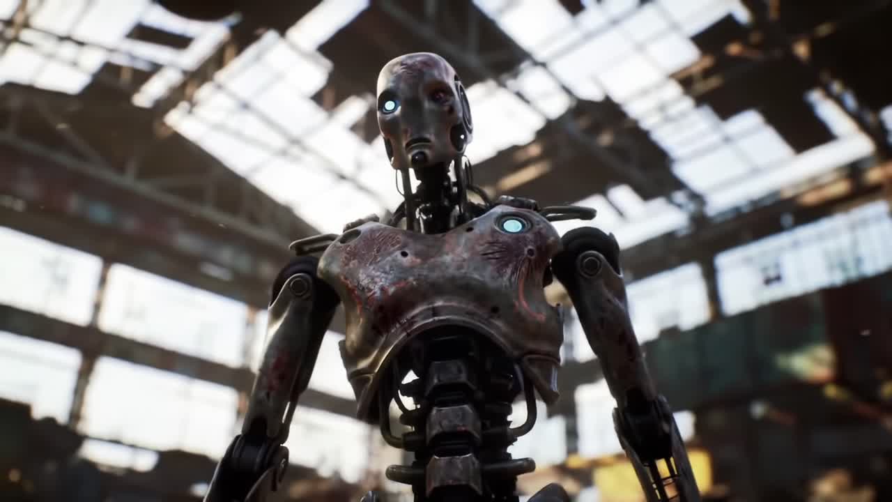 A Close-up View of a Futuristic Robot in an Abandoned Industrial Environment, Showcasing Intricate Details and an Intense Gaze Amidst Rust and Decay