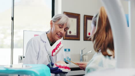dentist demonstrating teeth brushing technique to a child
